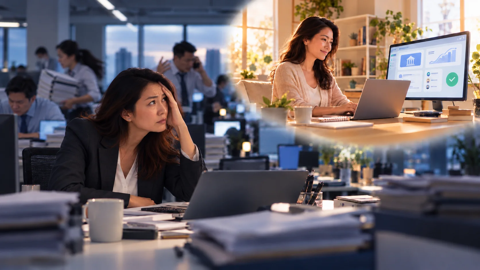 A woman at a busy corporate desk imagines a calmer life working from home on government orders.